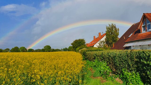 Regenbogen über einem Rapsfeld und einer Häuserreihe in Hertingshausen